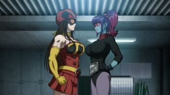 2girls biceps breasts brown_hair cleavage electro_wave_human_tackle face-to-face large_breasts lips long_hair looking_at_another multiple_girls okada_yuriko pantyhose ryona smile standing stitched third-party_edit toujima_tanzaburou_wa_kamen_rider_ni_naritai twintails wide_hips yukarisu