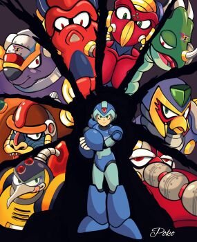 Rule 34 | 6+boys, arm cannon, armadillo, armor, armored armadillo (mega man), artist name, bird, blue armor, blue helmet, boomer kuwanger (mega man), chill penguin (mega man), elephant, flame mammoth (mega man), forehead jewel, full body, green eyes, helmet, highres, launch octopus (mega man), mammoth, mega man (series), mega man x (series), multiple boys, non-humanoid robot, octopus, penguin, poko589, robot, robot animal, sigma (mega man), spark mandrill (mega man), sting chameleon (mega man), storm eagle (mega man), weapon, x (mega man)