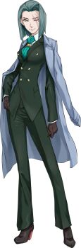 1girl ascot breasts buttons closed_mouth coat coat_on_shoulders double-breasted full_body gloves green_hair hand_on_own_hip high_heels highres iwamoto_tatsurou lindsay_altskan official_art one_eye_closed scar scar_across_eye scar_on_face shin_megami_tensei shin_megami_tensei:_liberation_dx2 simple_background solo standing third-party_source transparent_background