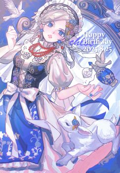 Rule 34 | 1girl, apron, baby animal, bead necklace, beads, bird, blonde hair, blue apron, blue eyes, bottle, bow, braid, chinese commentary, commentary request, cowboy shot, dove, dress, earrings, fingernails, flower, hair flower, hair ornament, hand up, highres, identity v, jewelry, lips, lixiao62108, long dress, long hair, mole, mole under eye, multiple braids, necklace, parted bangs, parted lips, perfume bottle, puffy short sleeves, puffy sleeves, sheep, short sleeves, solo, veil, vera nair, vera nair (judith the dove), white bird, white bow, white dress, white veil