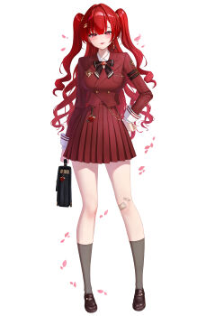 1girl absurdres arm_at_side arm_strap asymmetrical_bangs bag bag_charm bandaid bandaid_on_knee bandaid_on_leg black_bow black_bowtie black_shoes blair_rose blazer blush bow bowtie breast_pocket breasts charm_(object) closed_mouth commentary earrings eruthu flower_earrings full_body grey_socks hand_on_own_hip hashtag-only_commentary highres holding holding_bag indie_virtual_youtuber jacket jewelry lapels loafers long_hair long_sleeves looking_at_viewer miniskirt notched_lapels pleated_skirt pocket red_eyes red_hair red_jacket red_skirt school_bag school_uniform shoes simple_background skirt socks solo standing symbol-only_commentary tongue tongue_out two_side_up virtual_youtuber wavy_hair white_background wing_collar