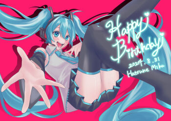 Rule 34 | 2024, absurdres, birthday, black boots, black skirt, black sleeves, blue eyes, blue hair, blue necktie, blue trim, boots, collared shirt, commentary request, dated, detached sleeves, english text, floating hair, happy birthday, hatsune miku, headset, highres, kinoshita aki, midair, necktie, open mouth, outstretched arm, outstretched hand, pleated skirt, reaching, reaching towards viewer, red background, shirt, silhouette, simple background, skirt, sleeveless, sleeveless shirt, teeth, thigh boots, twintails, vocaloid