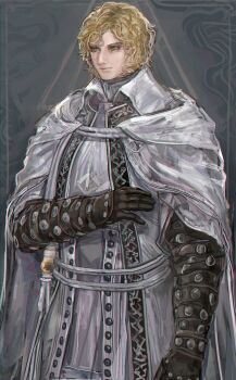 Rule 34 | 1boy, alfred (bloodborne), arm across chest, armor, belt, black gloves, blonde hair, bloodborne, cape, closed mouth, commentary, cowboy shot, english commentary, gloves, highres, leather armor, looking ahead, male focus, nslacka, rope belt, solo, standing, wavy hair, white belt, white cape, wing collar, yellow eyes