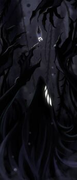2others 88_(h_rock_88) absurdres artist_name black_skin claws colored_skin commentary_request darkness extra_arms extra_eyes falling glowing glowing_eyes highres hollow_eyes hollow_knight horns knight_(hollow_knight) korean_commentary multiple_others twitter_username void_entity_(hollow_knight) watermark white_eyes