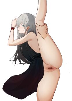 1girl 1other absurdres an-94_(girls'_frontline) an-94_(silent_rouge)_(girls'_frontline) anus ass bar_censor bare_shoulders bdsm black_dress blue_eyes blush bondage bound bound_wrists censored dilation_tape disembodied_hand dress evening_gown female_focus girls'_frontline gradient_clothes gradient_dress grey_hair halter_dress halterneck highres leg_hold leg_lift leg_up long_hair looking_at_viewer no_panties official_alternate_costume pussy rope sharp-pig simple_background spread_legs spread_pussy tape thighs white_background wrists_tied_together