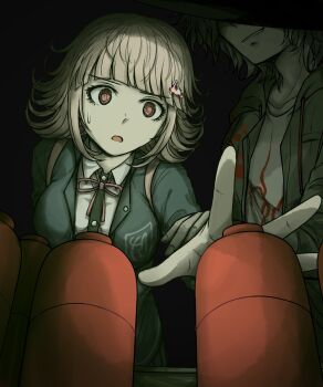 Rule 34 | 1boy, 1girl, breasts, brown hair, collared shirt, commentary request, d:, danganronpa (series), danganronpa 2: goodbye despair, dress shirt, flipped hair, hair ornament, highres, jacket, kmnm 1403, komaeda nagito, long sleeves, looking at viewer, medium hair, nanami chiaki, neck ribbon, open clothes, open jacket, open mouth, pink eyes, pink ribbon, print shirt, ribbon, shirt, solo focus, spoilers, white shirt