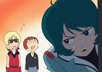 3boys amuro_ray blonde_hair blue_eyes blue_hair brown_hair char_aznable dazed frown gradient_background gundam gundam_gquuuuuux highres jacket jitome kamille_bidan long_sleeves male_focus mito_(mitotank) multiple_boys open_mouth orange_background parody quattro_bajeena scene_reference shirt simple_background sleeveless sunglasses sweatdrop white_background wide-eyed zeta_gundam