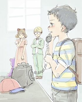 Rule 34 | 1girl, 2boys, antique phone, backpack, bag, bandaid, bandaid on arm, baseball cap, black bow, black bowtie, black hair, blonde hair, blush, bob cut, bow, bowl cut, bowtie, brown bag, brown eyes, brown hair, collared shirt, corded phone, crossed arms, dress, freckles, glasses, green jacket, green pants, hair bow, hand up, hat, highres, holding, holding phone, indoors, jacket, jeff andonuts, long sleeves, looking at another, miyakanae, mother (series), mother 2, multicolored shirt, multiple boys, ness (mother 2), nintendo, opaque glasses, open mouth, pants, paula (mother 2), phone, pink dress, puffy short sleeves, puffy sleeves, red bow, rotary phone, shirt, shoes, short hair, short sleeves, shorts, standing, striped clothes, striped shirt, stuffed animal, stuffed toy, t-shirt, table, talking on phone, tearing up, teddy bear, two-tone shirt, unworn bag, unworn hat, unworn headwear, white shirt, window, yellow shirt