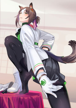 1girl absurdres animal_ears ascot ass black_pantyhose black_skirt blush breasts brown_hair clover_hair_ornament commentary_request doushi_tatsu_to_dekkai_no fine_motion_(noble_seamair)_(umamusume) fine_motion_(umamusume) gloves green_eyes green_vest hair_between_eyes hair_bun hair_ornament highres horse_ears horse_girl horse_tail jacket long_sleeves looking_at_viewer medium_breasts multicolored_hair pantyhose parted_lips pleated_skirt shirt shoes single_hair_bun skirt smile solo tail umamusume unworn_shoes vest white_ascot white_gloves white_hair white_jacket