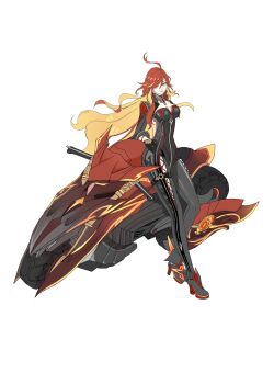 Rule 34 | 1girl, absurdres, biker clothes, bikesuit, black gloves, bodysuit, earrings, genshin impact, gloves, highres, jewelry, kaede gnsnhsr, leaning back, long hair, mavuika (genshin impact), motor vehicle, motorcycle, orange hair, solo, sun earrings, white background
