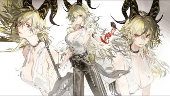 1girl bare_shoulders black_choker black_gloves black_horns black_pants blonde_hair breasts chinese_commentary choker cleavage commentary_request curled_horns gloves hand_up highres horns large_breasts long_hair looking_at_viewer multiple_views necktie necktie_around_wrists pants parted_lips partial_commentary plumw red_eyes red_necktie shirt shirt_tucked_in torn_clothes torn_shirt white_shirt wuthering_waves zani_(wuthering_waves)