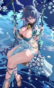 1girl absurdres antlers blue_dress blue_eyes blue_hair blue_nails breasts deer_antlers deer_girl dress flower genshin_impact gladiator_sandals hair_over_one_eye high_heels highleg highleg_dress highres horns kururu_(qqqqq59508750) large_breasts lauma_(genshin_impact) leaf_dress long_hair low_neckline nail_polish on_swing pelvic_curtain pointy_ears sandals sitting solo swing turning_head very_long_hair water