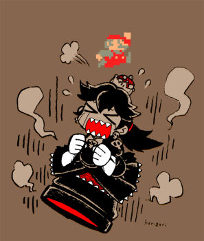 >_< 1boy 1girl 8-bit arm_up black_dress black_hair brown_background clenched_hands closed_eyes commentary_request crying dress earrings falling flying_sweatdrops gloves hair_between_eyes hair_tie hat jewelry long_dress long_hair m-karigari mario mario_(series) millipen_(medium) monochrome nintendo open_mouth overalls pen_(medium) pixel_art princess_bullet_bill puffy_short_sleeves puffy_sleeves red_headwear red_overalls sharp_teeth short_sleeves simple_background skull_earrings skull_print smoke spot_color super_crown teeth traditional_media white_gloves