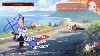 2girls absurdres animal_ear_headphones animal_ears beach blonde_hair blue_archive blue_sky bow cat_ear_headphones cat_ears day english_text fake_animal_ears fake_screenshot gameplay_mechanics hair_bow halo headphones heads-up_display health_bar highres jacket long_hair long_sleeves lumi_snowfall momoi_(blue_archive) multiple_girls ocean outdoors persona persona_3 persona_3_reload pink_halo red_hair sand scenery shore short_hair sky tail user_interface water yuzu_(blue_archive)