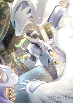 Rule 34 | 2boys, baseball cap, black pants, blue eyes, bracelet, brown pants, claws, closed eyes, column, gen 5 pokemon, green hair, hat, highres, hilbert (pokemon), jewelry, legendary pokemon, long hair, looking at another, looking at viewer, multiple boys, n (pokemon), necklace, nintendo, pants, pillar, pokemon, pokemon black and white, red hat, reshiram, serperior, seyumei, smile, stairs, white fur