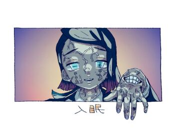 Rule 34 | 1boy, aqua eyes, asymmetrical bangs, black hair, black jacket, border, buttons, check translation, colored tips, commentary request, demon boy, enmu (kimetsu no yaiba), facial mark, finger tattoo, gradient background, grin, hand up, incoming attack, jacket, kanji tattoo, kimetsu no yaiba, long sleeves, looking at viewer, male focus, medium hair, misplaced mouth, multicolored hair, open mouth, outside border, portrait, purple nails, radial gradient background, smile, solo, split depth, straight-on, suit jacket, symbol-shaped pupils, tattoo, tears facial mark, teeth, translation request, trap, tsubame (lo 1101), undershirt, veins, veiny face, veiny hands, veiny neck, white border