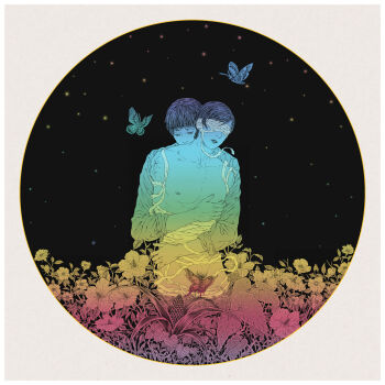 2boys amputee armless_amputee bandages bandages_over_eyes bug butterfly chazy completely_nude double_amputee flower highres hug hug_from_behind insect male_focus multiple_boys night night_sky nude original pubic_hair sky