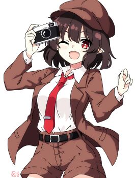 Rule 34 | 1girl, absurdres, artist logo, belt, blush, breasts, brown hair, brown hat, brown jacket, brown shorts, camera, collared shirt, commentary, hat, highres, holding, holding camera, jacket, logo, looking at viewer, necktie, no wings, one eye closed, open mouth, pioartstuff, pointy ears, red eyes, red necktie, shameimaru aya, shameimaru aya (newsboy), shirt, shorts, simple background, smile, solo, touhou, white background, white shirt
