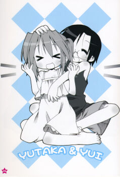 Rule 34 | 00s, 2girls, absurdres, argyle background, argyle clothes, blue background, dress, glasses, highres, kobayakawa yutaka, lucky star, monochrome, multiple girls, narumi yui, official art, shorts, siblings, sisters, spot color, yoshimizu kagami