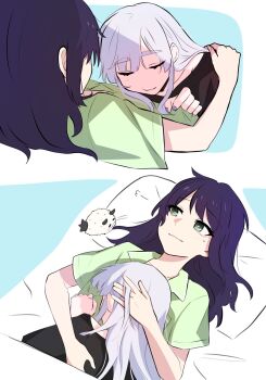 Rule 34 | 2girls, black shirt, cho kaguya-hime!, closed eyes, closed mouth, commentary request, cuddling, fushi (cho kaguya-hime!), green eyes, green shirt, hand on another's head, highres, hug, long hair, mole, mole under eye, multiple girls, on bed, pillow, purple hair, purple nails, runami yachiyo, sakayori iroha, shirt, smile, syunka 11, under covers, yuri