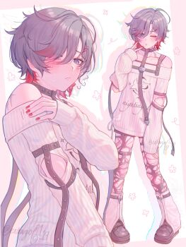 1boy alternate_costume arm_belt belt_collar black_collar black_pantyhose black_shoes black_shorts blue_eyes blush collar collarbone earrings eskargot19_11 eyes_visible_through_hair full_body genshin_impact girly_boy grey_hair hair_over_one_eye hand_on_own_shoulder hand_up harness hashtag-only_commentary highres illuga_(genshin_impact) jewelry leg_warmers male_focus mole mole_under_eye multicolored_hair multiple_views off-shoulder_sweater off_shoulder one_eye_closed oversized_sweater pantyhose pigeon-toed print_sweater red_hair red_nails scar scar_on_neck shoes shorts signature single_earring skindentation sleeves_past_fingers sleeves_past_wrists sweater thigh_strap torn_clothes torn_pantyhose upper_body v white_background white_sweater y2k_fashion yabi_fashion