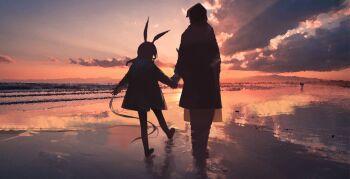 1girl 1other amiya_(arknights) animal_ears arknights backlighting beach cloud coat commentary day doctor_(arknights) english_commentary facing_away from_behind full_body hand_in_pocket highres holding_hands hood hood_up hooded_coat horizon long_hair long_sleeves outdoors scenery siguma_(13238772100) standing sunlight sunset walking walking_away
