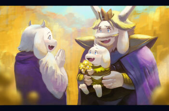 1girl 2boys armor asgore_dreemurr asriel_dreemurr barefoot beard black_pants blonde_hair blue_eyes cape commentary_request crown facial_hair fang field floppy_ears flower flower_field furry furry_female furry_male goat_horns green_shirt holding holding_flower horns looking_at_another multiple_boys open_mouth own_hands_together pants parent_and_child purple_cape purple_robe robe shirt shoulder_armor skin_fang smile sv_grart toriel undertale utdr_(toby_fox) white_fur