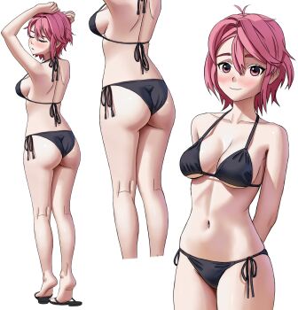 1girl absurdres arms_behind_back arms_up ass bikini black_bikini blush breasts closed_eyes collarbone commentary dandadan english_commentary from_behind highres josival large_breasts looking_at_viewer multiple_views navel pink_eyes pink_hair sandals shiratori_aira_(dandadan) short_hair side-tie_bikini_bottom simple_background smile stomach swimsuit white_background