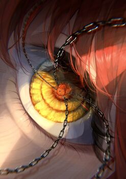 1girl chain chainsaw_man close-up creature eye_focus eye_reflection eyelashes hair_between_eyes hashtag-only_commentary heart_(organ) highres looking_at_viewer makima_(chainsaw_man) mira_hidume orange_eyes pochita_(chainsaw_man) reflection shadow yellow_eyes