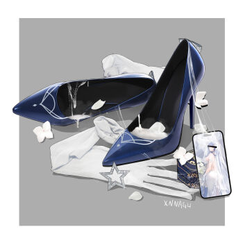 1girl artist_name blindfold blue_footwear border bouquet breasts bridal_veil cellphone censored censored_identity cum cum_on_body cum_on_clothes dress elbow_gloves flower gloves grey_background half_gloves high_heels highres long_hair official_alternate_costume petals phone see-through_clothes shoes simple_background smartphone smell solo stiletto_heels strapless strapless_dress unworn_gloves unworn_shoes veil wedding_dress white_dress white_flower white_gloves white_hair xnnagu