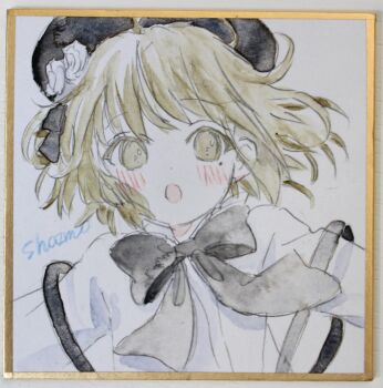 Rule 34 | 1girl, absurdres, beret, black bow, black hat, blush, bow, brown eyes, brown hair, collared shirt, commentary request, dress shirt, flower, hair flower, hair ornament, hat, hatoba tsugu, highres, open mouth, photo (medium), sha2mo, shikishi, shirt, signature, solo, suspenders, traditional media, tsugu (vtuber), virtual youtuber, white flower, white shirt