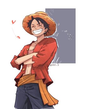 1boy blue_shorts closed_eyes collarbone cowboy_shot crossed_arms facial_scar grin hashtag-only_commentary hat heart highres male_focus monkey_d._luffy one_piece open_clothes open_shirt red_shirt sash scar scar_on_cheek scar_on_chest scar_on_face shirt shorts smile solo straw_hat twitter_username uvol_3 yellow_sash