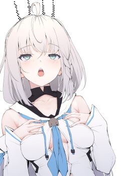 Rule 34 | 1girl, ahoge, blue neckerchief, blush, braid, breast suppress, breasts, detached sleeves, dress, green eyes, hair between eyes, hands on own chest, highres, hololive, long hair, mitsuru (uramitsuru1206), navel, neckerchief, open mouth, shirakami fubuki, shirakami fubuki (1st costume), sidelocks, simple background, single braid, solo, virtual youtuber, white background, white dress, white hair, white sleeves, wide sleeves