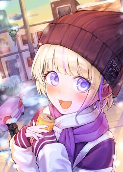 1girl absurdres beanie black_hat can car cold commentary_request drink_can gurugurere hat highres holding holding_can hololive hololive_dev_is looking_at_viewer motor_vehicle multicolored_hair nail_polish open_mouth outdoors purple_eyes purple_hair purple_nails purple_scarf scarf solo todoroki_hajime white_scarf
