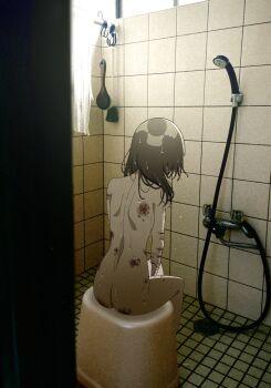 1girl ass bath_stool bathing bathroom black_hair completely_nude curtains drain_(object) from_behind highres indoors injury kisaragi4050 median_furrow nude original photo_background shower_head solo stool tile_floor tile_wall tiles wet wet_hair wrist_cutting