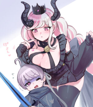 1boy 1girl black_dress black_flower black_horns black_nails black_thighhighs braid breast_press breast_rest breasts breasts_on_head cleavage commentary_request crown detached_sleeves dress finger_to_cheek fingerless_gloves flower gloves hands_up highres holding holding_sword holding_weapon horns large_breasts leaning_forward long_hair looking_at_another looking_down master_detective_archives:_rain_code multicolored_hair nail_polish open_mouth pink_eyes pink_hair purple_eyes purple_hair shinigami_(rain_code) short_dress short_hair sidelocks sweatdrop sword thick_thighs thighhighs thighs translation_request turn_pale twin_braids two-tone_hair very_long_hair weapon white_hair yuma_kokohead zuzuko