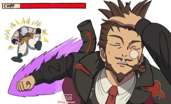 Rule 34 | baggy pants, black jacket, black suit, black vest, brown hair, chipp zanuff, closed eyes, coat, commentary, english commentary, formal clothes, gameplay mechanics, guilty gear, guilty gear strive, health bar, highres, hirji, jacket, jujutsu kaisen, meme, monocle, naoya hitting choso without looking (meme), necktie, pants, punching, simple background, slayer (guilty gear), smoking pipe, suit, vest, white background, white hair, white pants