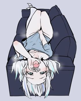 1girl blue_eyes blue_hair bottomless couch fellatio_gesture fins fish_tail gawr_gura heart heart-shaped_pupils highres hololive hololive_english moral_cacoethes multicolored_hair open_mouth oral_invitation shark_girl shark_tail sharp_teeth shirt streaked_hair symbol-shaped_pupils t-shirt tail teeth thighs virtual_youtuber white_hair