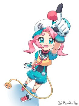 1girl :3 :d absurdres android animal_collar animal_ears aqua_eyes aqua_hat aqua_shorts aqua_sleeves arm_at_side arm_up asui_inui_(vtuber) baseball_cap black_unitard blush_stickers bolt_(hardware) borrowed_character collar collarbone commentary crop_top dog_ears dog_girl electric_plug electric_plug_tail foreshortening from_above full_body gloves hat highres index_finger_raised indie_virtual_youtuber joints leg_warmers legs_apart lightning_bolt_symbol looking_at_viewer looking_up medium_hair neckerchief open_mouth paprikothe pause_button pigeon-toed pink_hair play_button pointing pointing_up puffy_sleeves red_collar red_neckerchief red_shoes robot robot_girl robot_joints sailor_collar sailor_shirt see-through_clothes see-through_shorts shadow shirt shoes short_sleeves short_twintails shorts sidelocks simple_background smile solo spanish_commentary standing studded_collar suspender_shorts suspenders swept_bangs tail thick_eyebrows tilted_headwear twintails twitter_username unitard virtual_youtuber white_background white_gloves white_leg_warmers white_sailor_collar yellow_shirt