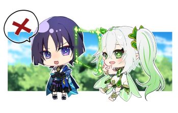 Rule 34 | 1boy, 1girl, :p, anklet, armor, asymmetrical sidelocks, black bow, black bridal gauntlets, black shorts, bloomers, blue cape, blue kimono, blue pupils, blue sky, blue sleeves, blunt ends, blurry, blurry background, blush, border, bow, bracelet, bridal gauntlets, bush, cape, chibi, chibi only, choppy bangs, cloud, cloudy sky, commentary request, cross-shaped pupils, crossed arms, crossed bangs, detached sleeves, dress, eyeliner, feathers, finger frame, full body, furisode, genshin impact, gold, green cape, green eyes, green hair, green pupils, green sleeves, hair between eyes, hair ornament, hakama, hakama shorts, hands up, japanese armor, japanese clothes, jewelry, juban, kimono, kote, kurokote, layered sleeves, leaf, leaf hair ornament, leg warmers, long hair, looking at another, looking at viewer, makeup, multicolored hair, nahida (genshin impact), open mouth, pleated shorts, pointy ears, purple eyes, purple hair, purple rope, purple sash, red eyeliner, rope, sandals, sash, scaramouche (genshin impact), short sleeves, shorts, side ponytail, sidelocks, sky, socks, spoken x, standing, stirrup footwear, streaked hair, symbol-shaped pupils, toeless legwear, tongue, tongue out, tsurime, underwear, wanderer (genshin impact), white bloomers, white border, white dress, white hair, white kimono, white leg warmers, white sleeves, white socks, yellow feathers, zkym78