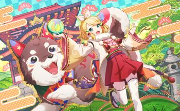Rule 34 | 1girl, ball, blonde hair, bow, clothing cutout, colorful palette, dog, fangs, fingernails, game cg, hair bow, hair ornament, highres, holding, holding ball, kagamine rin, leg up, medium hair, nail polish, official alternate costume, official alternate hairstyle, official art, pleated skirt, pom pom (clothes), pom pom hair ornament, project sekai, red skirt, sandals, shinshun! shishimai robo no oshougatsu show! (project sekai), skirt, solo, swept bangs, tassel, thighhighs, third-party source, vocaloid, white bow, white thighhighs, wide sleeves, wonderlands x showtime rin, yellow nails, zouri