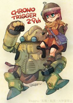 1boy 1girl belt bike_shorts blue_eyes chrono_trigger closed_mouth eggru full_body glasses helmet highres lips lucca_ashtear purple_hair robo_(chrono_trigger) robot scarf short_hair simple_background skirt smile white_background