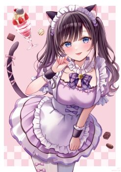 Rule 34 | 1girl, animal ear fluff, animal ears, apron, black hair, black wrist cuffs, blue eyes, blush, bow, breasts, cat ears, cat girl, cat tail, chocolate, closed mouth, commentary request, dress, food, hair between eyes, highres, large breasts, long hair, looking at viewer, maid, maid apron, maid headdress, original, pantyhose, parfait, purple bow, purple dress, ribbon, sakura hiyori, short sleeves, smile, solo, tail, tail ornament, tail ribbon, tongue, tongue out, twintails, white apron, white headdress, white pantyhose, wrist cuffs