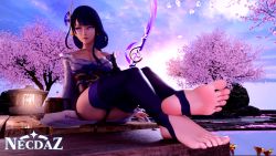 1girl 3d animated barefoot crossed_ankles feet female_focus foot_focus foot_play bad_tag genshin_impact highres leggings looking_to_the_side necdaz91 purple_background purple_eyes purple_hair raiden_shogun sitting soles solo stirrup_legwear sword teasing toeless_legwear toes video weapon