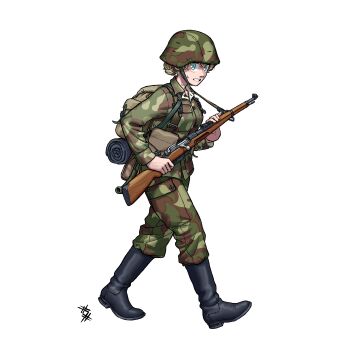 1girl absurdres ammunition_pouch backpack bag bedroll black_boots blonde_hair blue_eyes blush bolt-action_rifle bolt_action boots breast_pocket buttons camouflage camouflage_headwear camouflage_jacket camouflage_pants chinstrap collarbone combat_helmet entrenching_tool finland finnish_army full_body green_eyes gun gun_sling hair_bun hat helmet highres holding holding_gun holding_weapon inka_aho jacket load_bearing_equipment long_hair long_sleeves looking_at_viewer military military_combat_uniform military_rank_insignia military_uniform mosin-nagant ostwindprojekt pants pocket ponytail pouch rifle seno_lepo soldier sweat sweatdrop walking weapon white_background woodland_camouflage