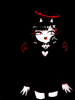 Rule 34 | andaerz, animal ears, bell, black background, black hair, black thighhighs, blending, cat ears, cat girl, cat girl (andaerz), cleavage cutout, clothing cutout, collar, commentary, cross, cross hair ornament, detached wings, english commentary, hair ornament, hairclip, halo, heart, heart cutout, heart hair ornament, highres, large ears, long sleeves, looking at viewer, neck bell, original, red eyes, red halo, spiked collar, spikes, thighhighs, wings, zettai ryouiki