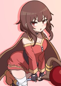 1girl :o absurdres bandaged_leg bandages belt_collar black_gloves blunt_bangs blush boots breasts brown_boots brown_cape brown_hair cape cleavage collar collarbone commentary_request dress drop_shadow eyes_visible_through_hair fingerless_gloves foot_out_of_frame frown gloves highres holding holding_staff kono_subarashii_sekai_ni_shukufuku_wo! long_sleeves looking_at_viewer mage_staff megumin no_headwear off-shoulder_dress off_shoulder open_mouth pink_background red_dress red_eyes short_dress short_hair_with_long_locks simple_background small_breasts solo staff standing standing_on_one_leg takabayashi4129 v-shaped_eyebrows wide_sleeves