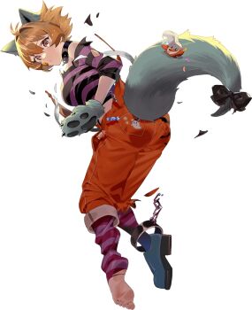 1girl animal_ears animal_hands animal_print ass bandaid bandaid_on_face bat_print black_collar black_ribbon breasts brown_eyes brown_hair candy chain claws collar crab cuffs drew_(drew213g) fangs food full_body ghost_print gloves halloween_costume jack-o'-lantern_print kantai_collection looking_back medium_breasts oboro_(halloween)_(kancolle) oboro_(kancolle) off-shoulder_shirt off_shoulder official_art orange_overalls overalls paw_gloves ribbon shackles shirt short_hair smile spider_web_print striped_clothes striped_shirt tears torn_clothes transparent_background wolf wolf_ears wolf_girl