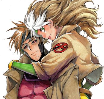 1boy 1girl animification beard_stubble black_sclera bodysuit brown_hair brown_jacket colored_sclera couple facial_hair floating_hair gambit green_bodysuit green_eyes hair_behind_ear hand_on_another's_shoulder hetero highres jacket marvel multicolored_hair red_bodysuit red_eyes rogue_(x-men) sao_(saowee) smile streaked_hair stubble white_hair x-men x-men:_the_animated_series yellow_bodysuit