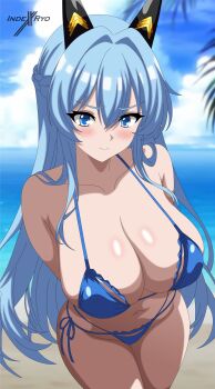 Rule 34 | 1girl, absurdres, arms behind back, bikini, blue bikini, blue eyes, blue hair, blurry, blurry background, blush, breasts, goddess of victory: nikke, helm (aqua marine) (nikke), helm (nikke), highres, indexryo, large breasts, long hair, looking at viewer, navel, official alternate costume, outdoors, smile, solo, swimsuit